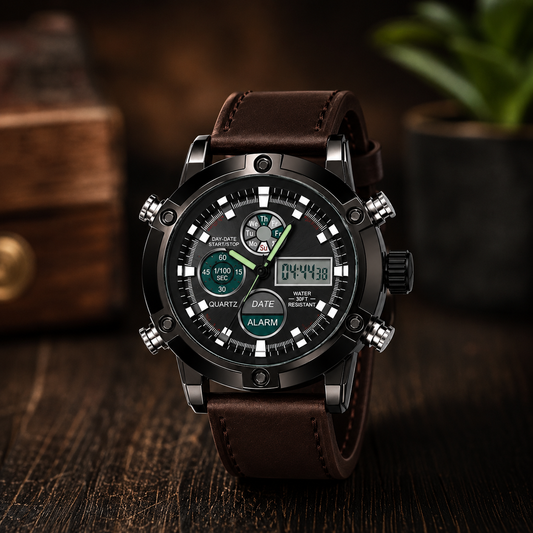 Analog Digital Display, Genuine Leather Strap, Multi-Function, Alarm, Stopwatch, Luminous Display, Water Resistant