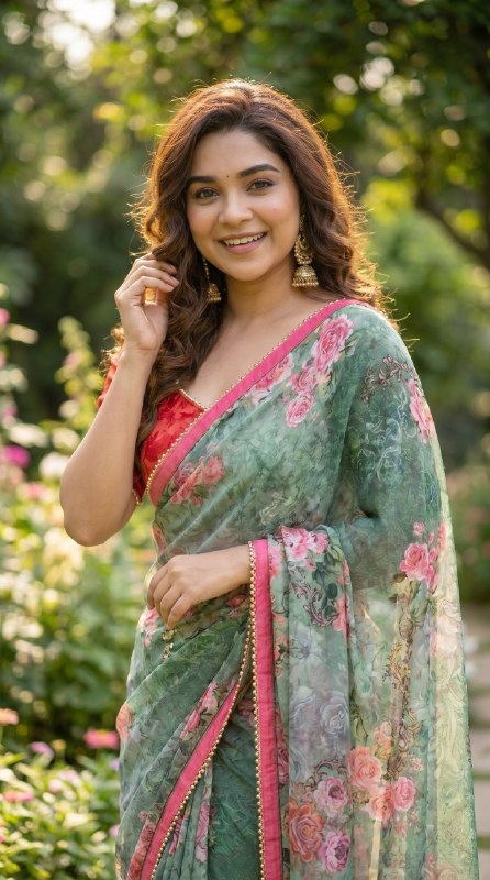 Digital Print with pearl lace border Saree