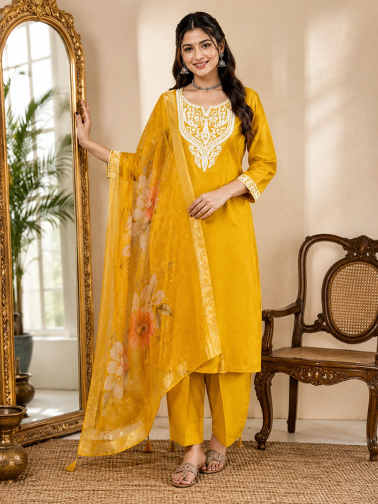 FASHION Embroidered Kurta, Trouser/Pant & Dupatta Set
