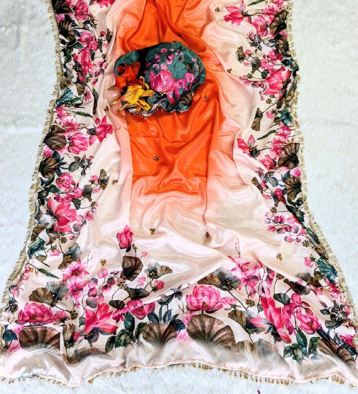 Premium designer Soft Chinnon with beautiful print Saree
