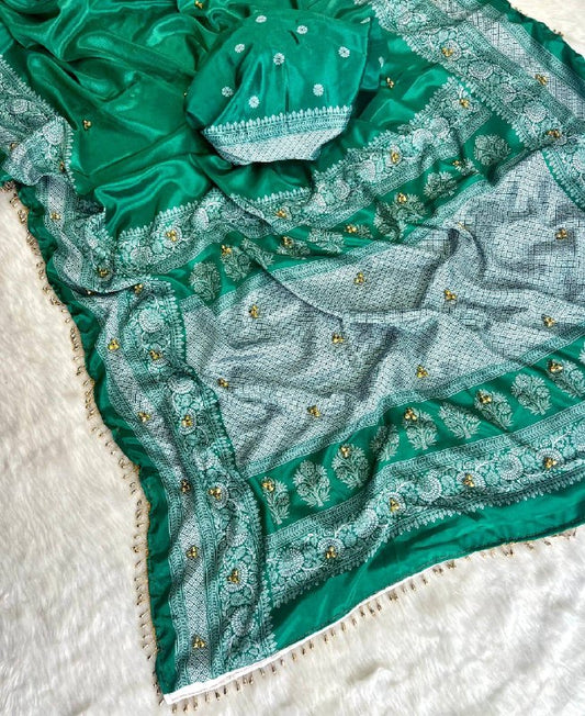 Premium designer  Soft Chinnon with beautiful print Saree