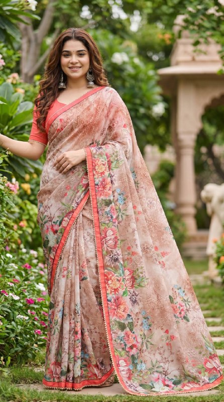 Digital Print with pearl lace border Saree