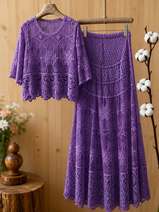 Women's Luxury French-Inspired Lace Top & Midi Skirt Set