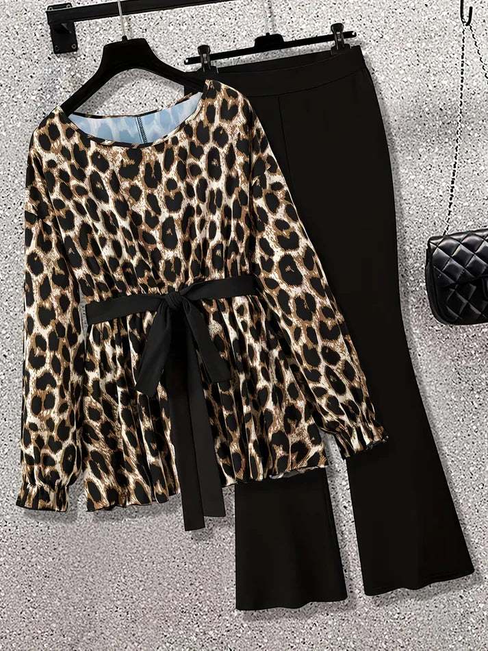 Women's Elegant Waist-Tied Top & Flared Pants Two-Piece Set