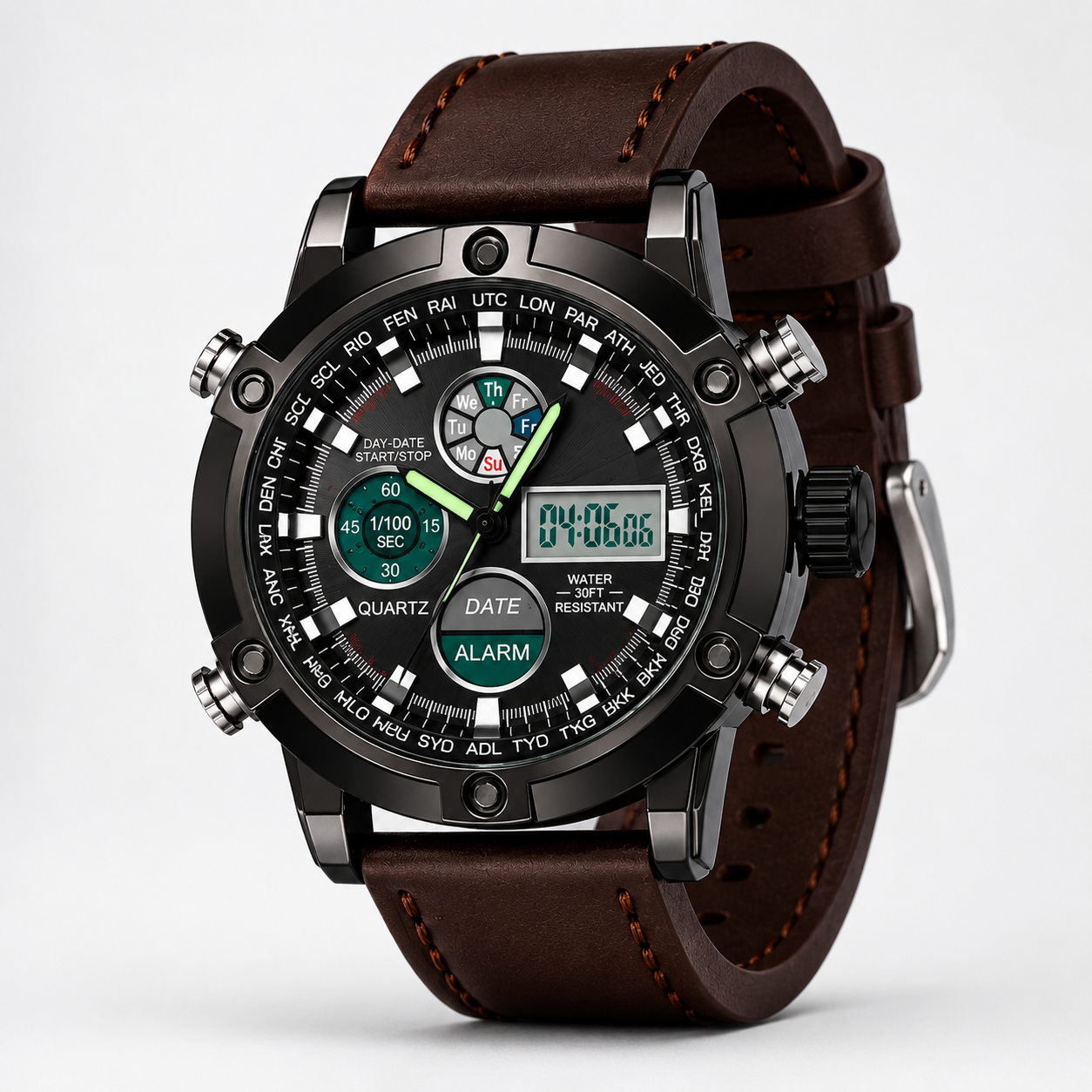 Analog Digital Display, Genuine Leather Strap, Multi-Function, Alarm, Stopwatch, Luminous Display, Water Resistant