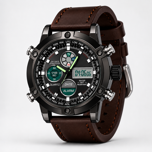 Analog Digital Display, Genuine Leather Strap, Multi-Function, Alarm, Stopwatch, Luminous Display, Water Resistant