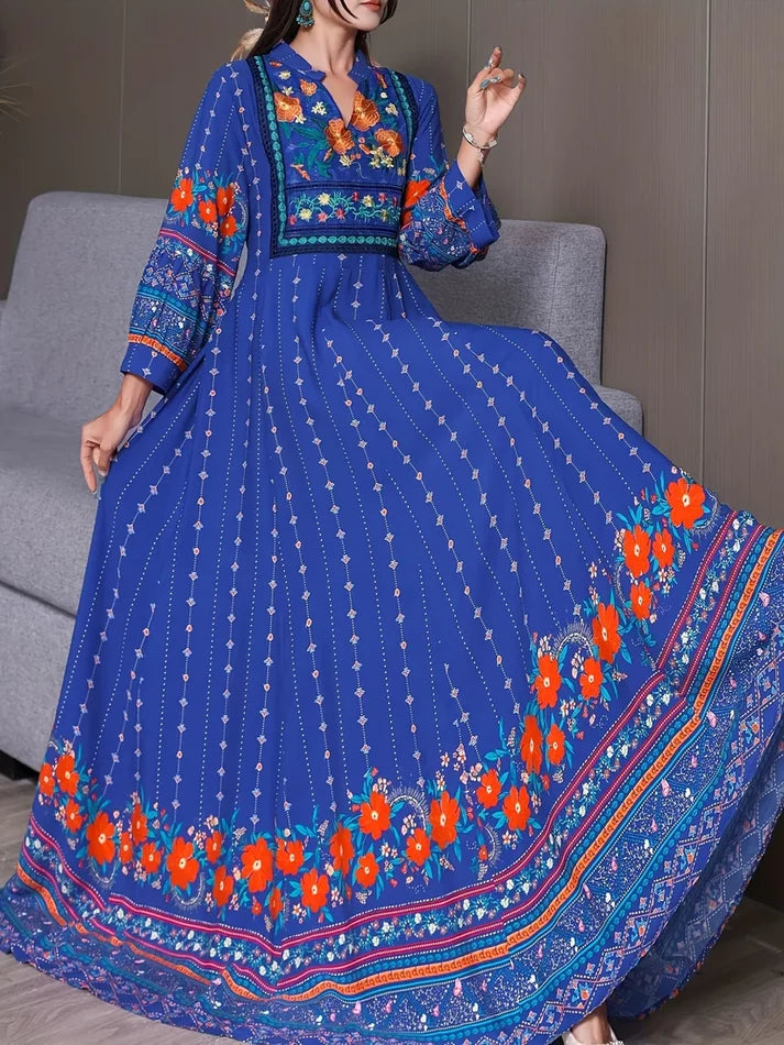 Women's Bohemian Ethnic Print Maxi Dress with Flowing Hem