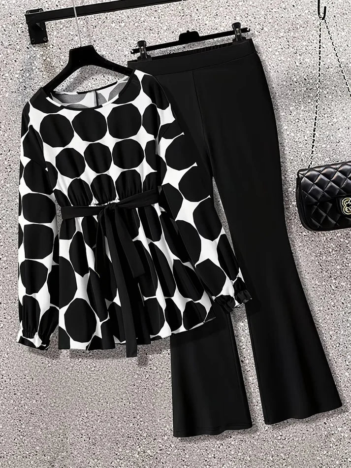 Women's Elegant Waist-Tied Top & Flared Pants Two-Piece Set