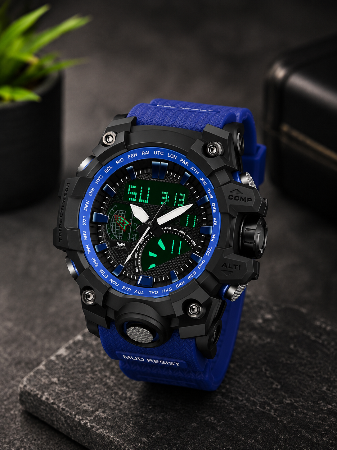 Sports Watch, Analog Digital Display, Alarm, Stopwatch, Quartz Movement, Silicone Strap, Water Resistant