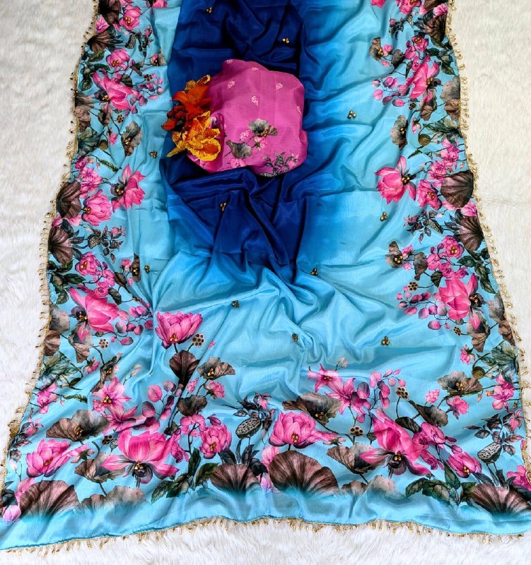 Premium designer  Soft Chinnon with beautiful print Saree