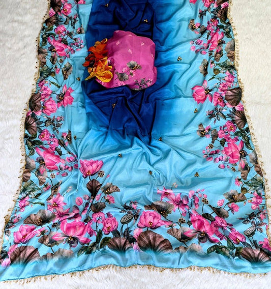 Premium designer  Soft Chinnon with beautiful print Saree