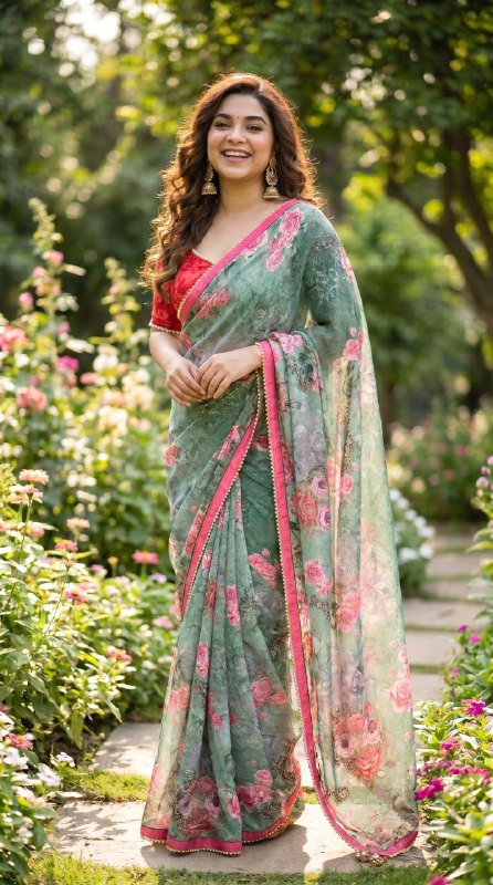 Digital Print with pearl lace border Saree