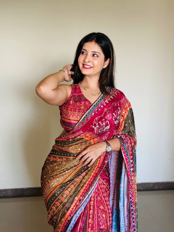 Premium designer  Soft Chinnon  print Saree