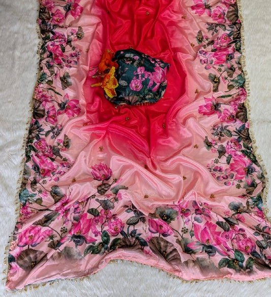 Premium designer  Soft Chinnon with beautiful print Saree