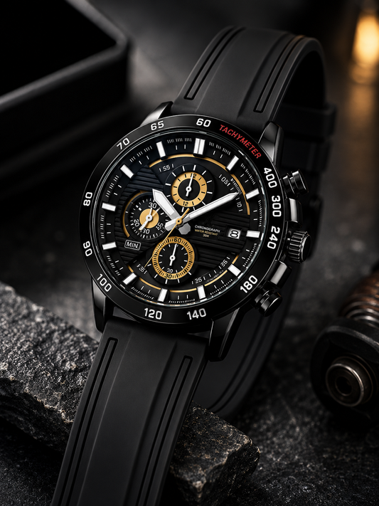 Chronograph Watch, Smooth Silicone Strap, Classic Design, Analog Dial, Stopwatch, Quartz Movement, Water Resistant