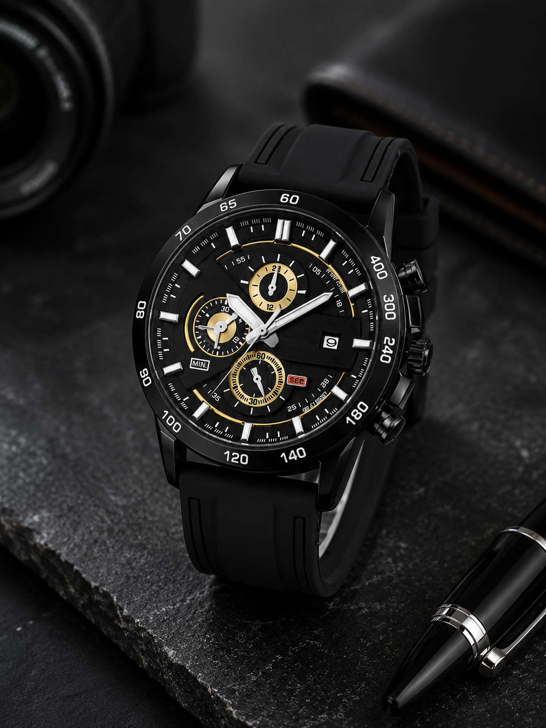 Chronograph Watch, Smooth Silicone Strap, Classic Design, Analog Dial, Stopwatch, Quartz Movement, Water Resistant