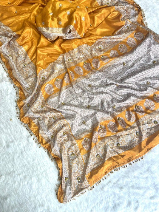 Premium designer  Soft Chinnon with beautiful print Saree