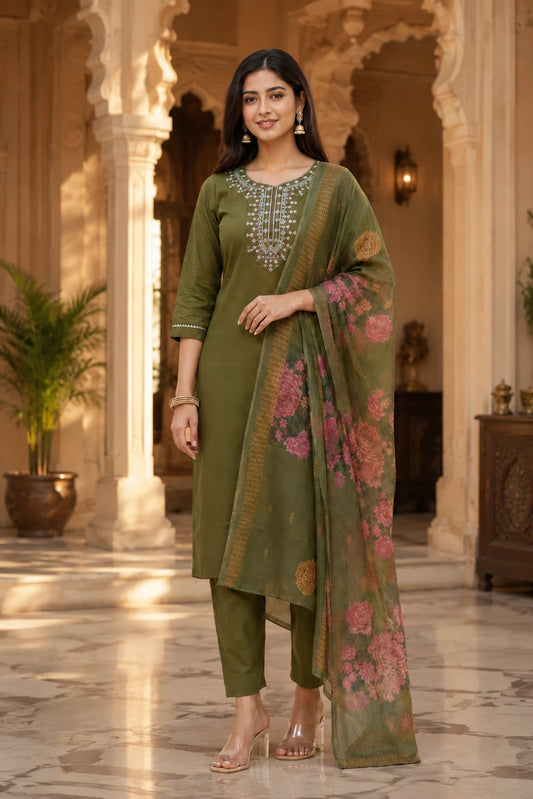 Fashion Women Embroidered Rayon Kurta Pant Set with Chanderi Dupatta Olive Green Embroidered Kurta, Trouser/Pant & Dupatta Set