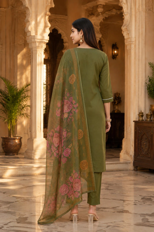 Fashion Women Embroidered Rayon Kurta Pant Set with Chanderi Dupatta Olive Green Embroidered Kurta, Trouser/Pant & Dupatta Set