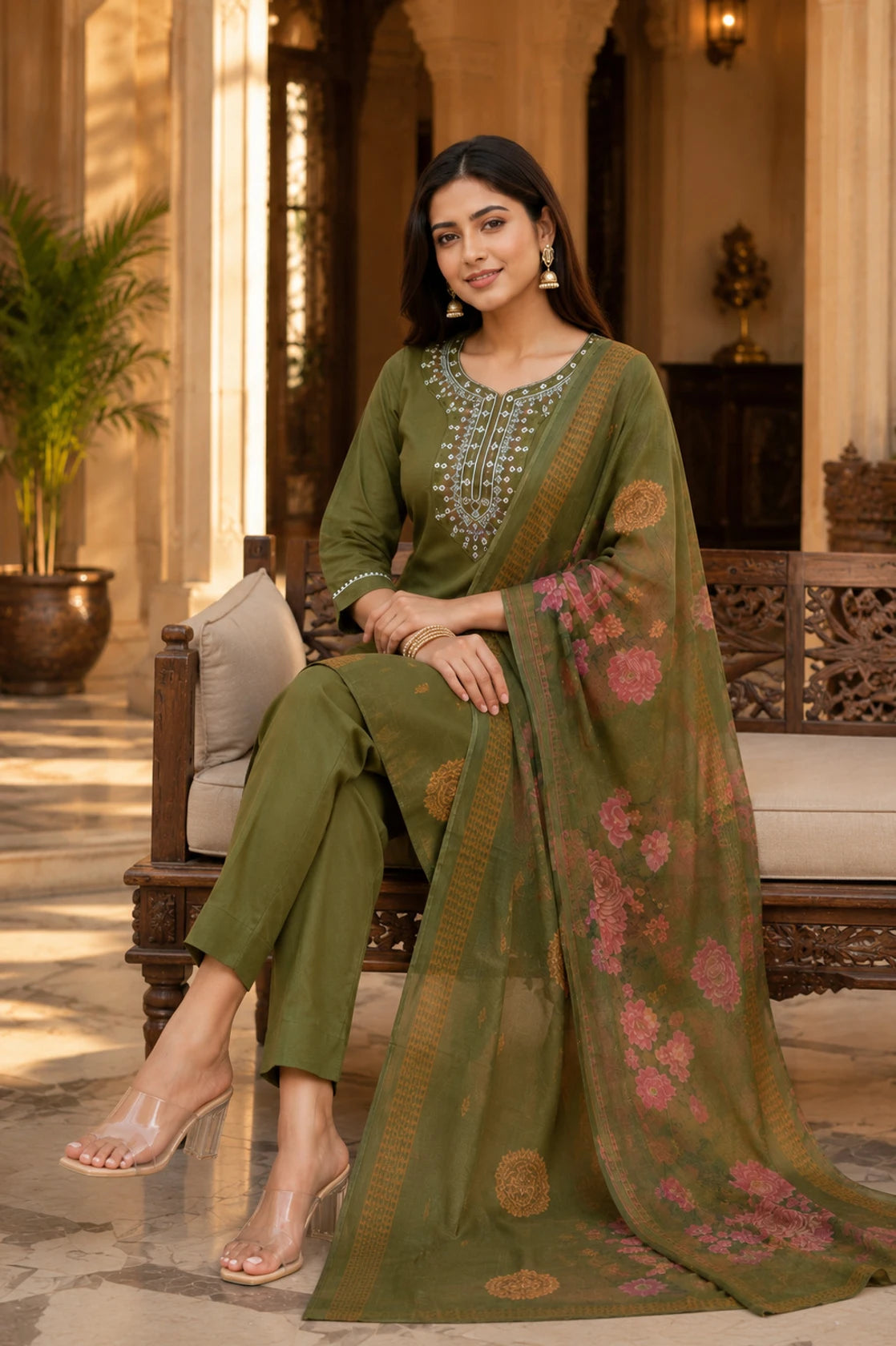 Fashion Women Embroidered Rayon Kurta Pant Set with Chanderi Dupatta Olive Green Embroidered Kurta, Trouser/Pant & Dupatta Set