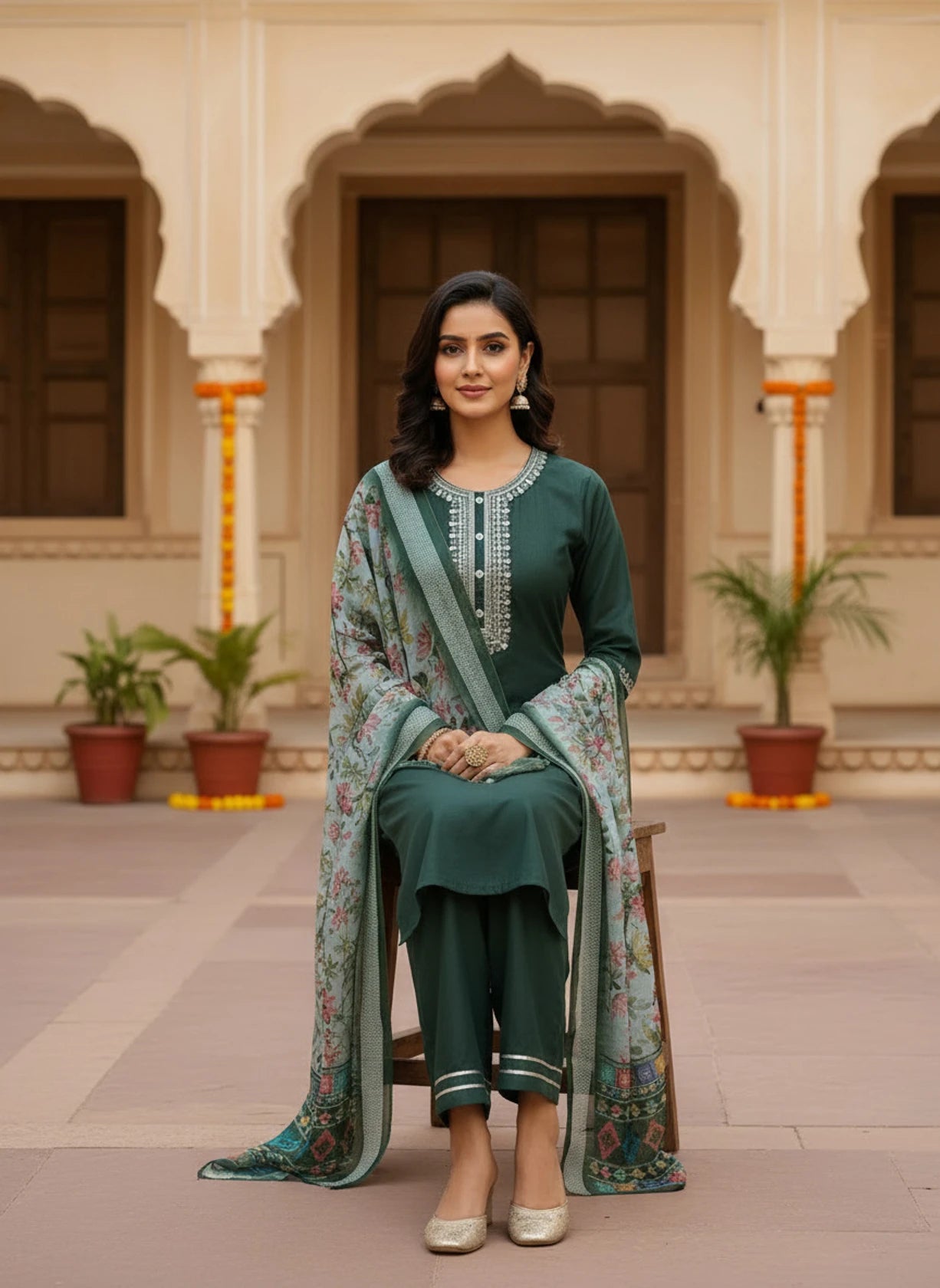Pack of 3 Embroidered Pure Cotton, Cotton Rayon Straight Kurta for Women (Dark Green)