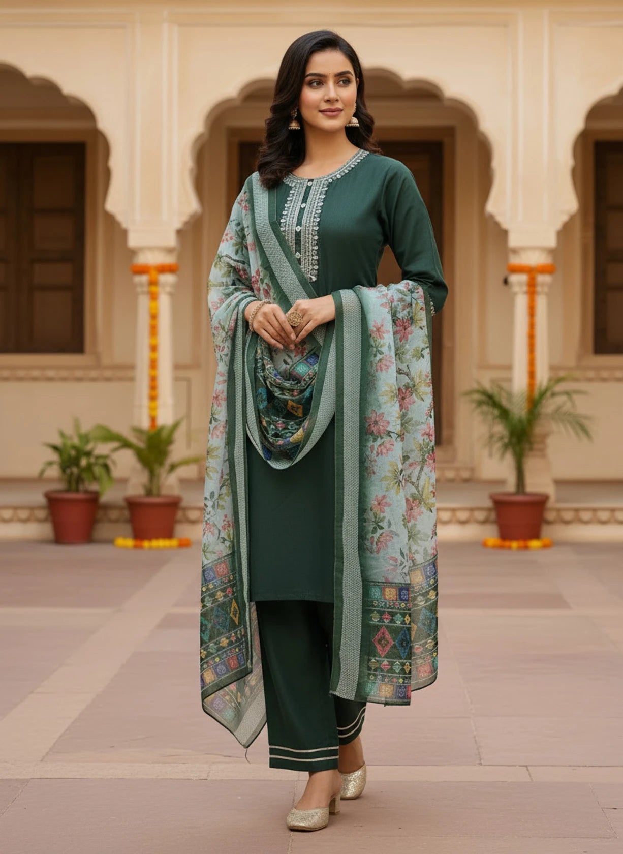 Pack of 3 Embroidered Pure Cotton, Cotton Rayon Straight Kurta for Women (Dark Green)