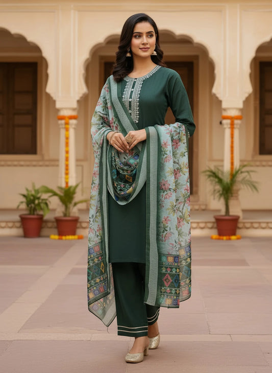Pack of 3 Embroidered Pure Cotton, Cotton Rayon Straight Kurta for Women (Dark Green)