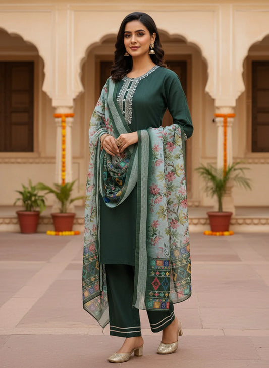 Pack of 3 Embroidered Pure Cotton, Cotton Rayon Straight Kurta for Women (Dark Green)