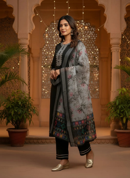 Women's Magic Cotton Kurti Pant Dupatta Set Solid Kurta, Trouser/Pant & Dupatta Set