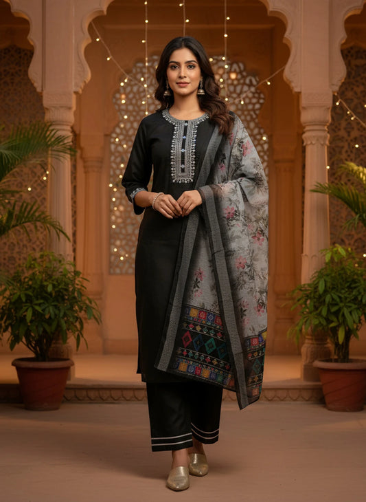 Women's Magic Cotton Kurti Pant Dupatta Set Solid Kurta, Trouser/Pant & Dupatta Set