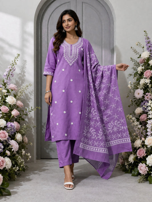 Women Pure Cotton Kurta Pant Dupatta Set