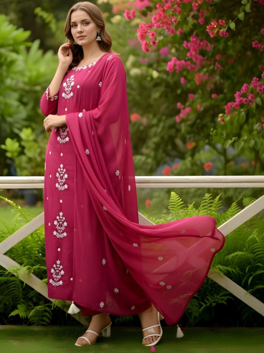 Women Viscose Rayon Kurti Palazzo Dupatta Set