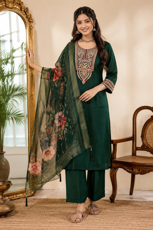 FASHION Embroidered Kurta, Trouser/Pant & Dupatta Set