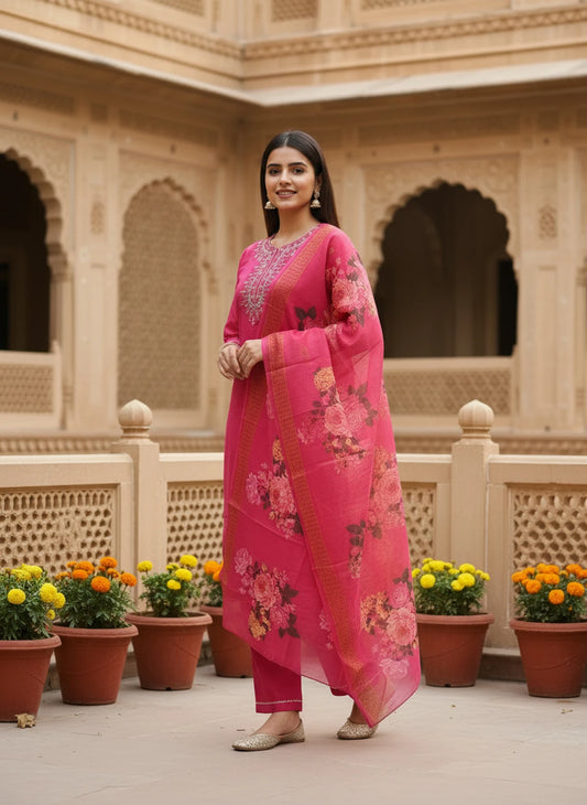 Women Khadi Cotton Kurti Pant Dupatta Set