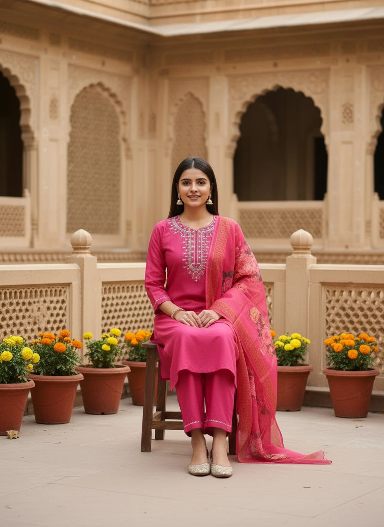 Women Khadi Cotton Kurti Pant Dupatta Set