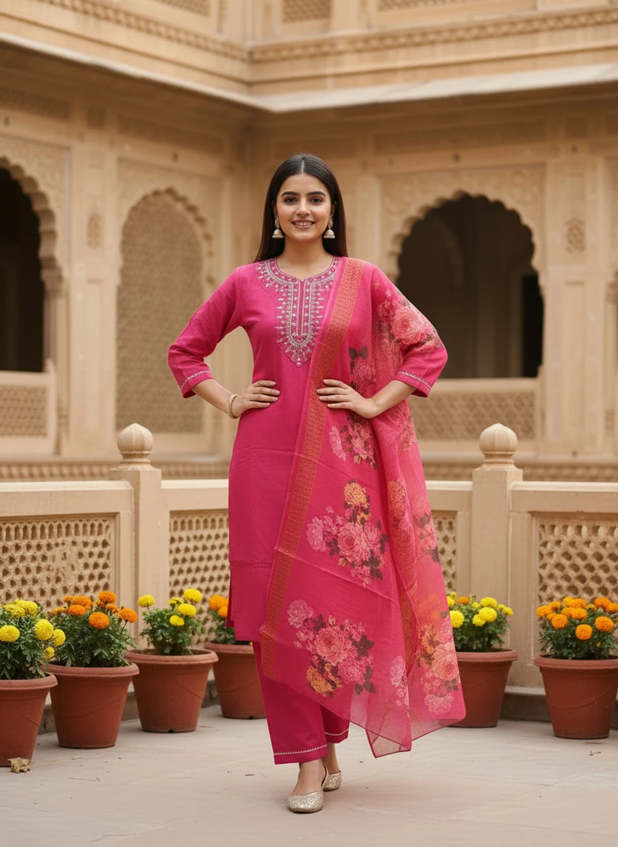 Women Khadi Cotton Kurti Pant Dupatta Set