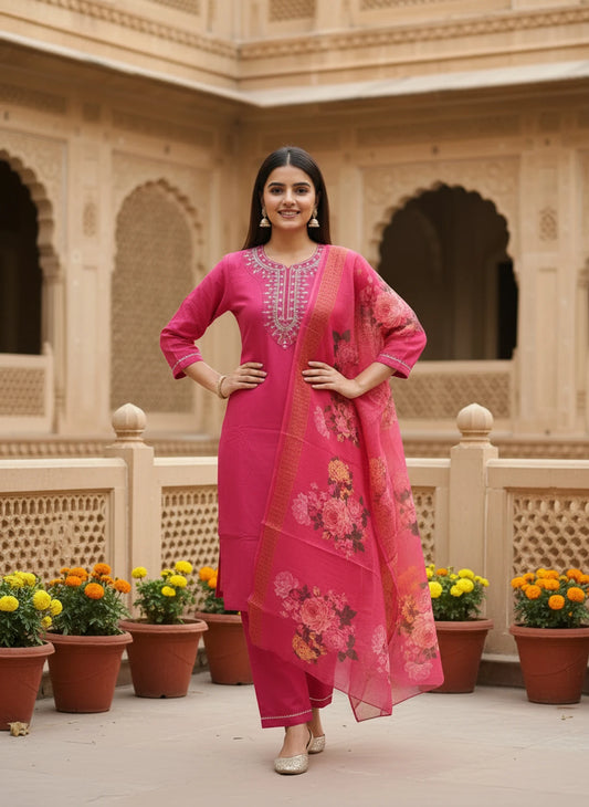 Women Khadi Cotton Kurti Pant Dupatta Set
