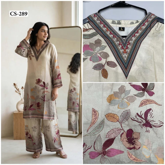 Floral Bloom Work Cord Set -PURE VISCOSE MUSLIN
