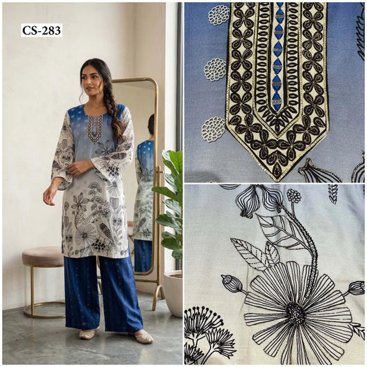 Sky Floral Handwork Cordset-PURE VISCOSE MUSLIN