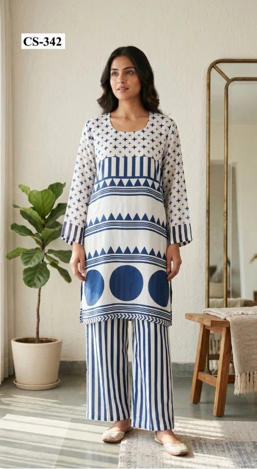 Indigo Geometry Cord Set- Japanese crepe