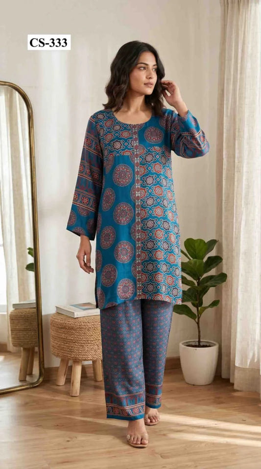 Azure Ajrakh Cord Set- Japanese crepe