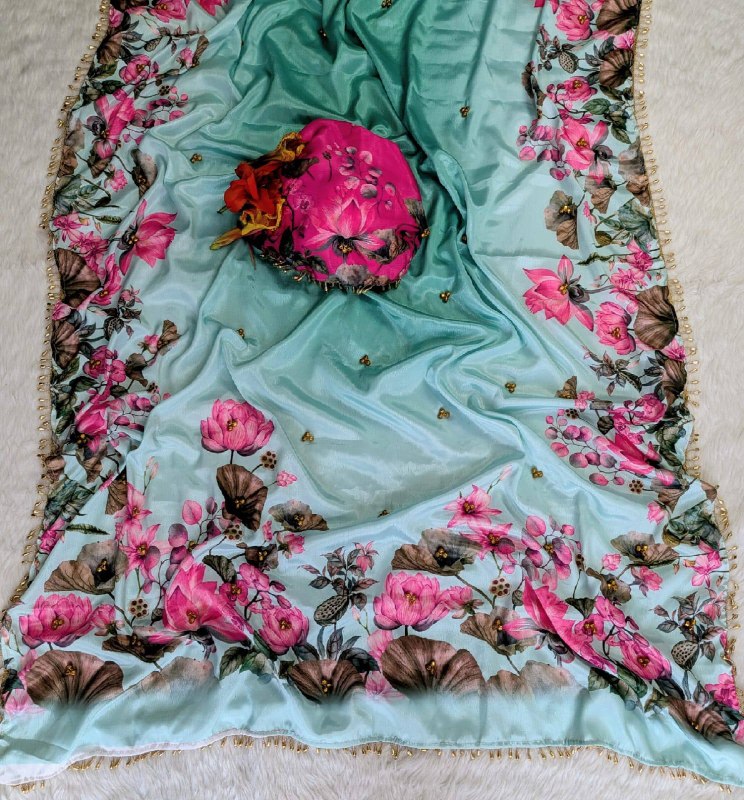 Premium designer  Soft Chinnon with beautiful print Saree