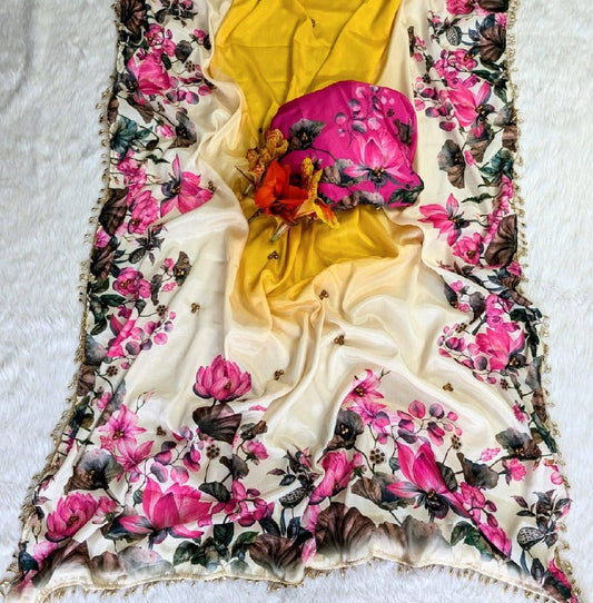 Premium designer  Soft Chinnon with beautiful print Saree