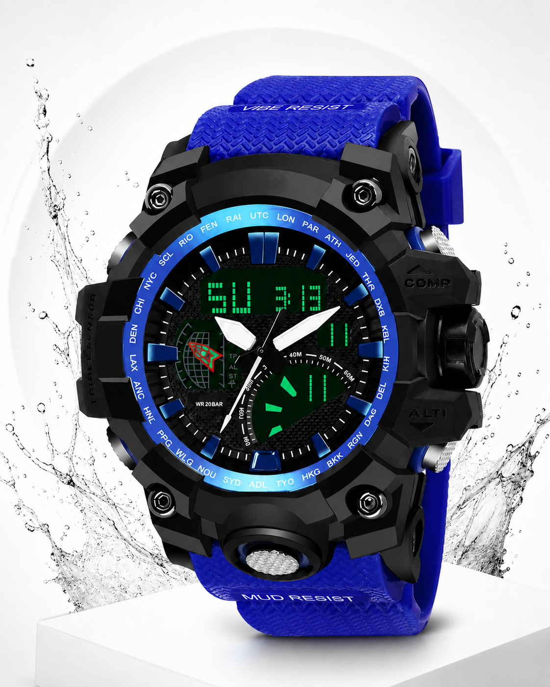 Sports Watch, Analog Digital Display, Alarm, Stopwatch, Quartz Movement, Silicone Strap, Water Resistant