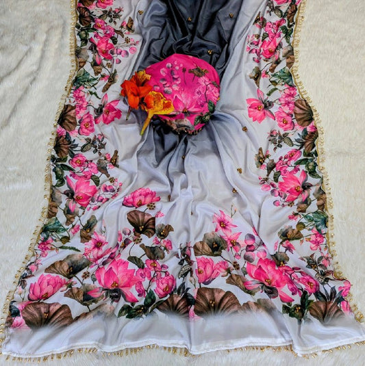 Premium designer  Soft Chinnon with beautiful print Saree