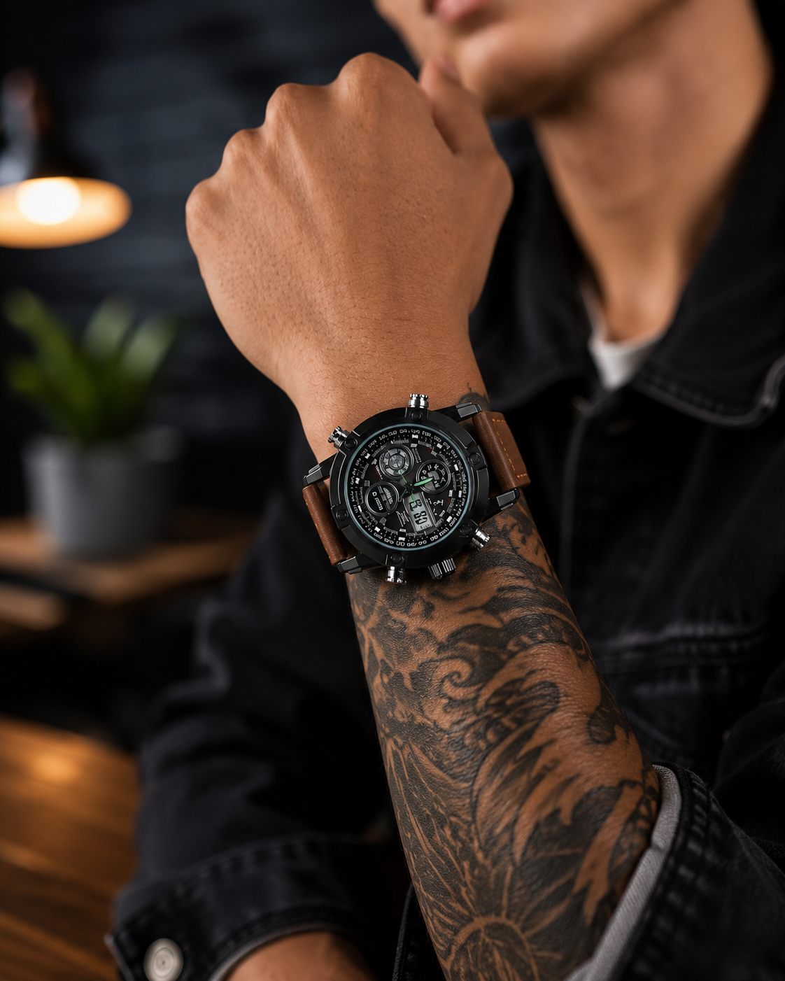 Analog Digital Display, Genuine Leather Strap, Multi-Function, Alarm, Stopwatch, Luminous Display, Water Resistant