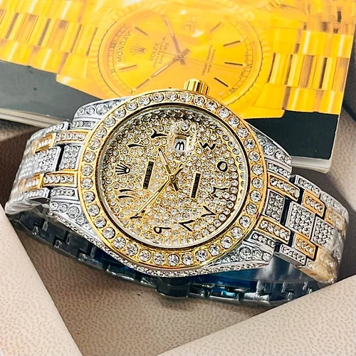 Ro-le-x Men’s Analog Gold Arabic Numerals Diamond Watch